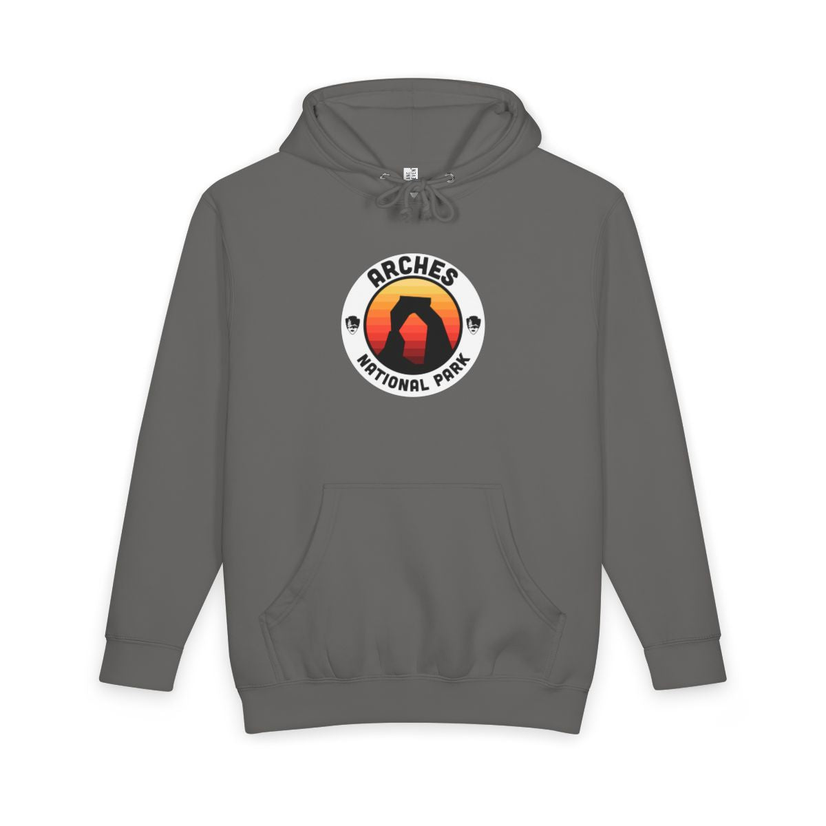 Storm Arches National Park hoodie, front view with round emblem design