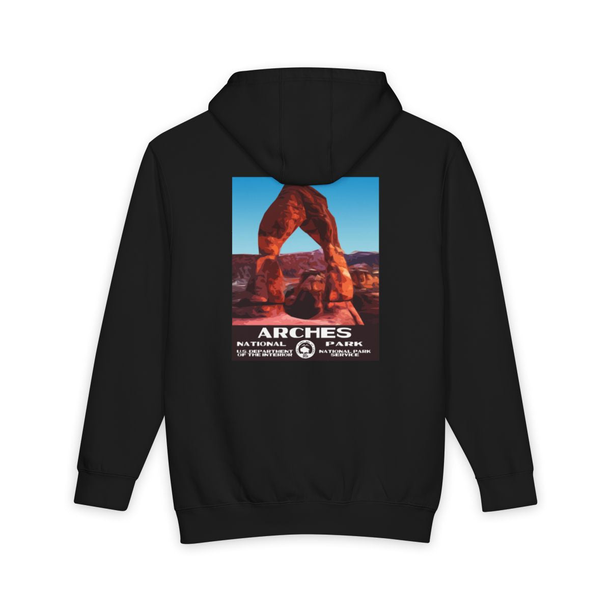 Black Arches National Park hoodie, back view with national park poster artwork