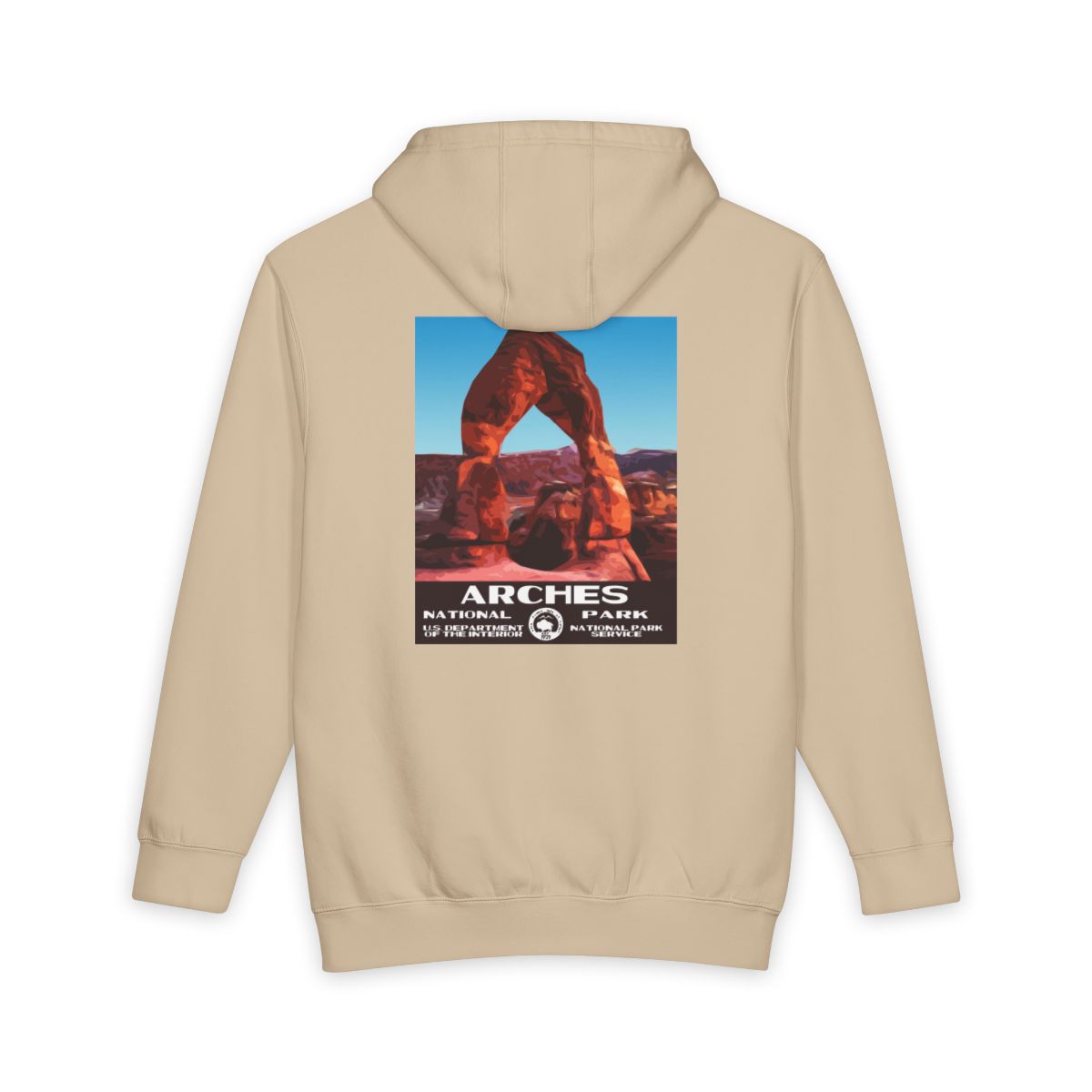 Mushroom Arches National Park hoodie, back view with national park poster artwork