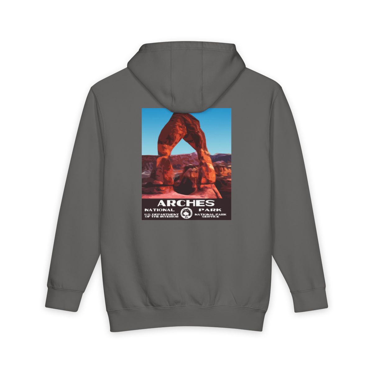 Storm Arches National Park hoodie, back view with national park poster artwork