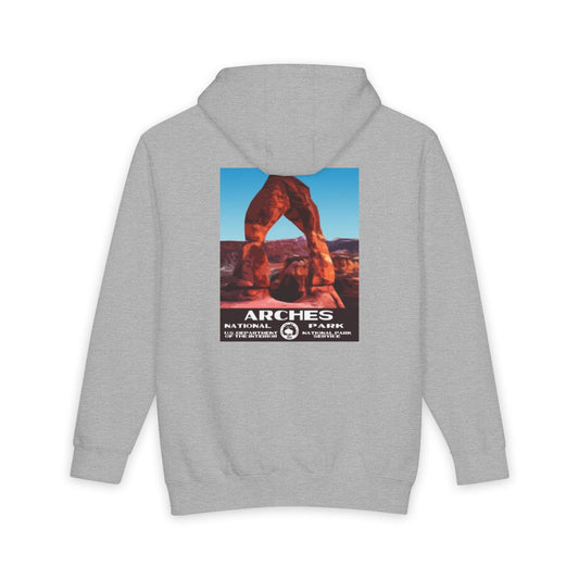 Heather Grey Arches National Park hoodie, back view with national park poster artwork