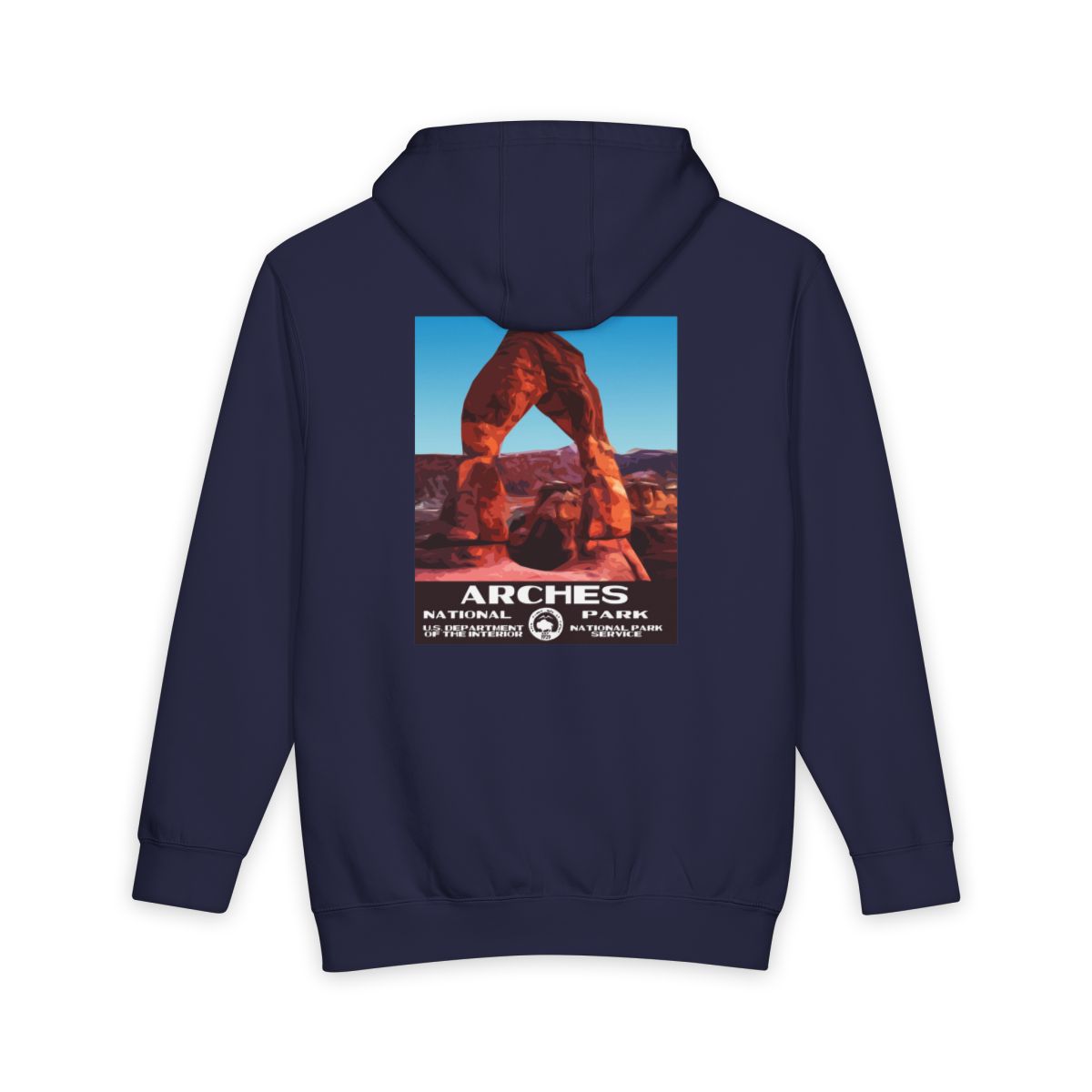 Navy Blue Arches National Park hoodie, back view with national park poster artwork