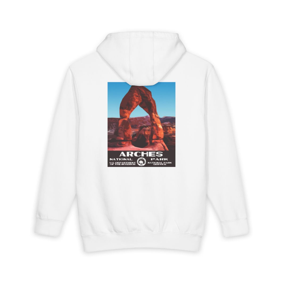 White Arches National Park hoodie, back view with national park poster artwork