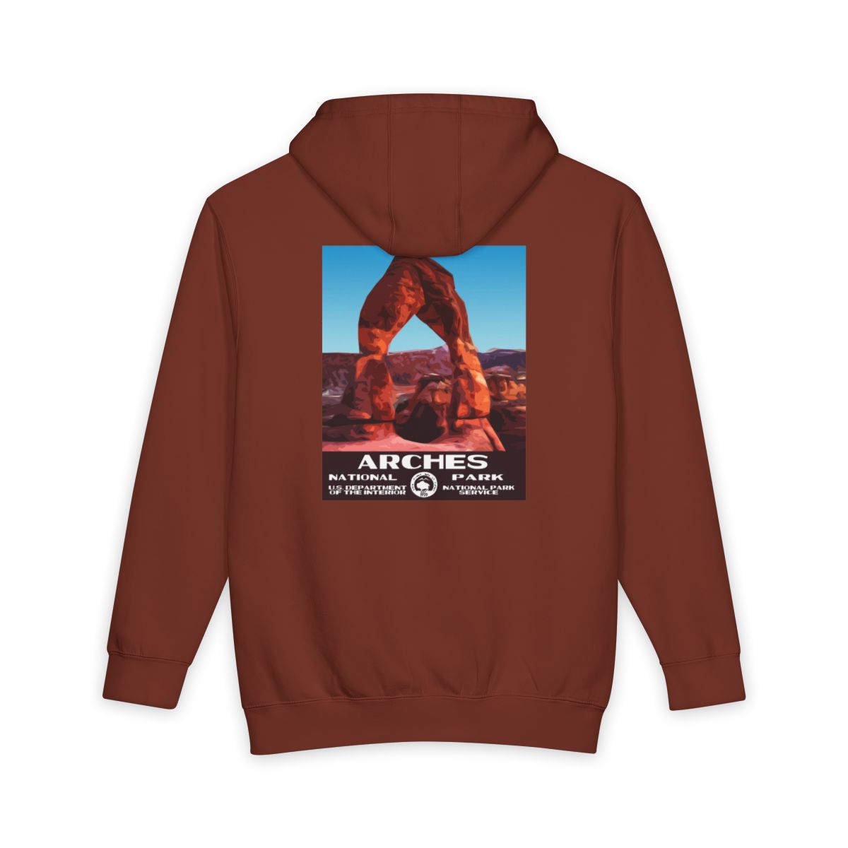 Paprika Arches National Park hoodie, back view with national park poster artwork