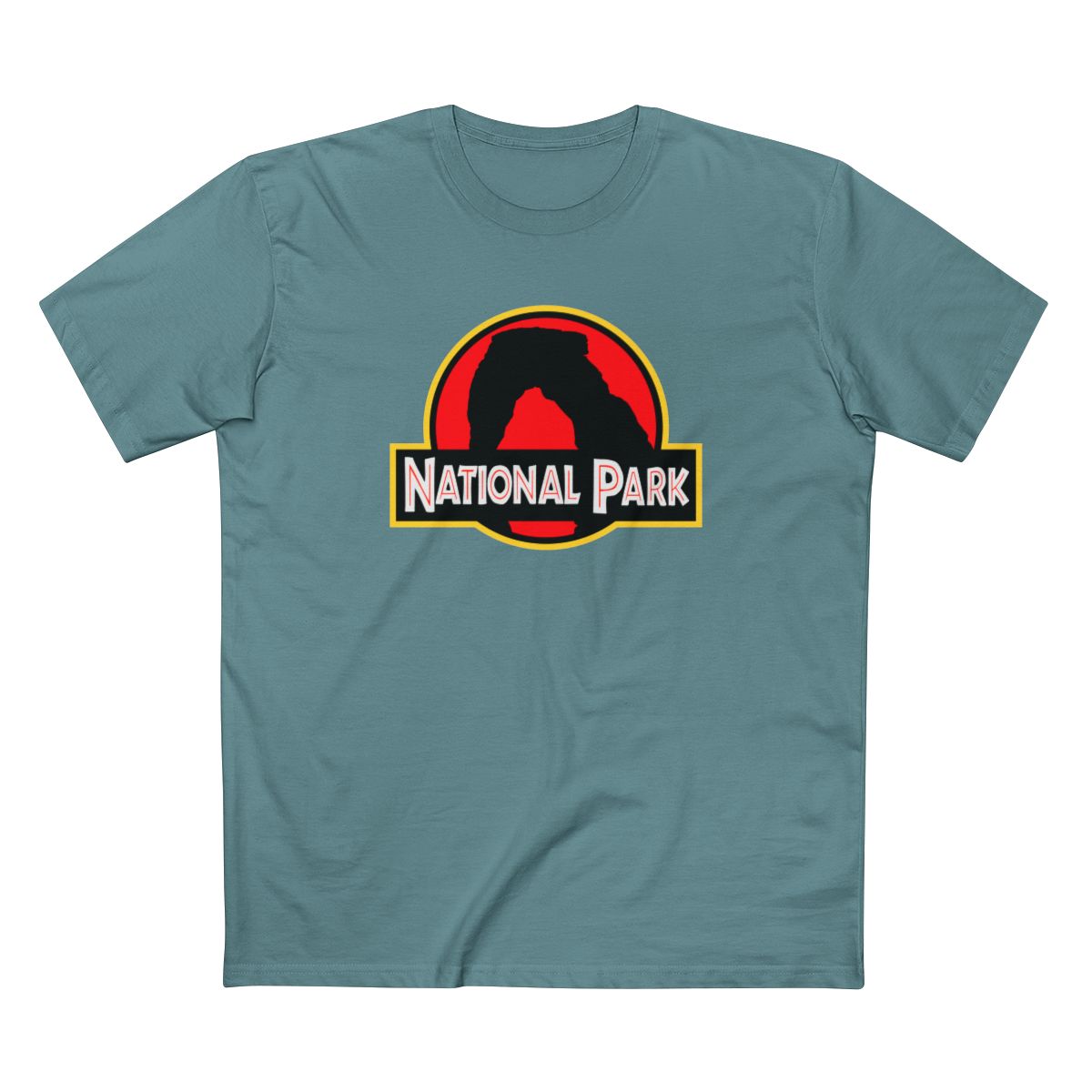 Arches National Park T-Shirt - Delicate Arch Parody Logo in Slate Blue