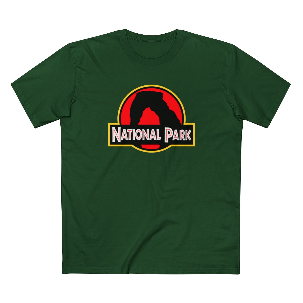 Arches National Park T-Shirt - Delicate Arch Parody Logo in Forest Green