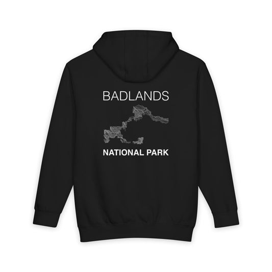Black Badlands National Park hoodie, back view with topographic line design