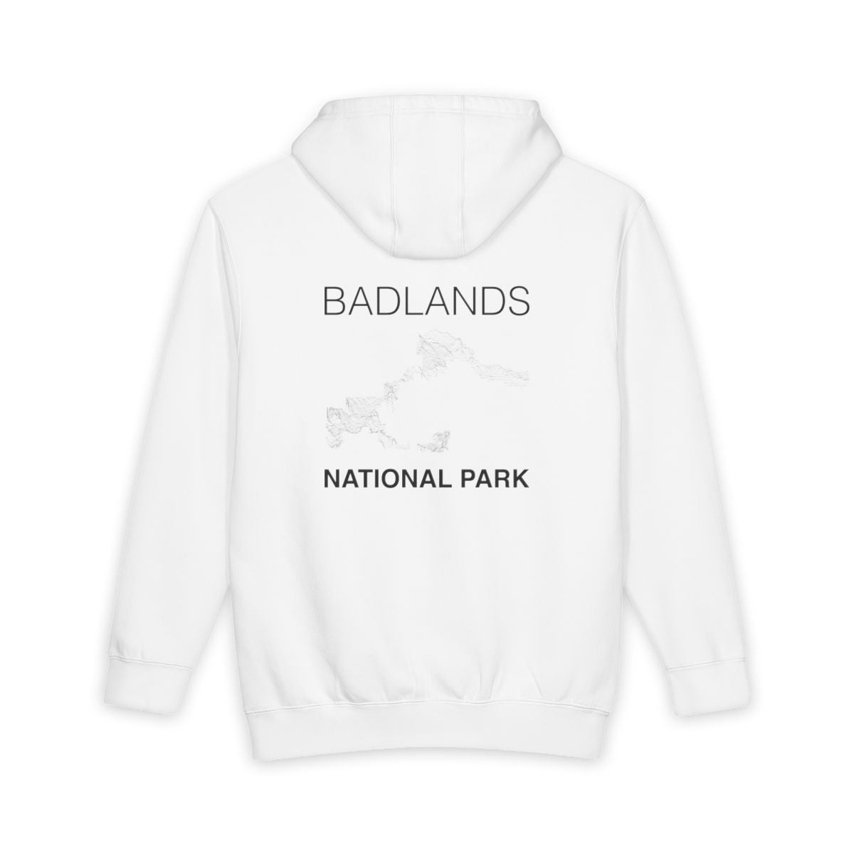 White Badlands National Park hoodie, back view with topographic line design