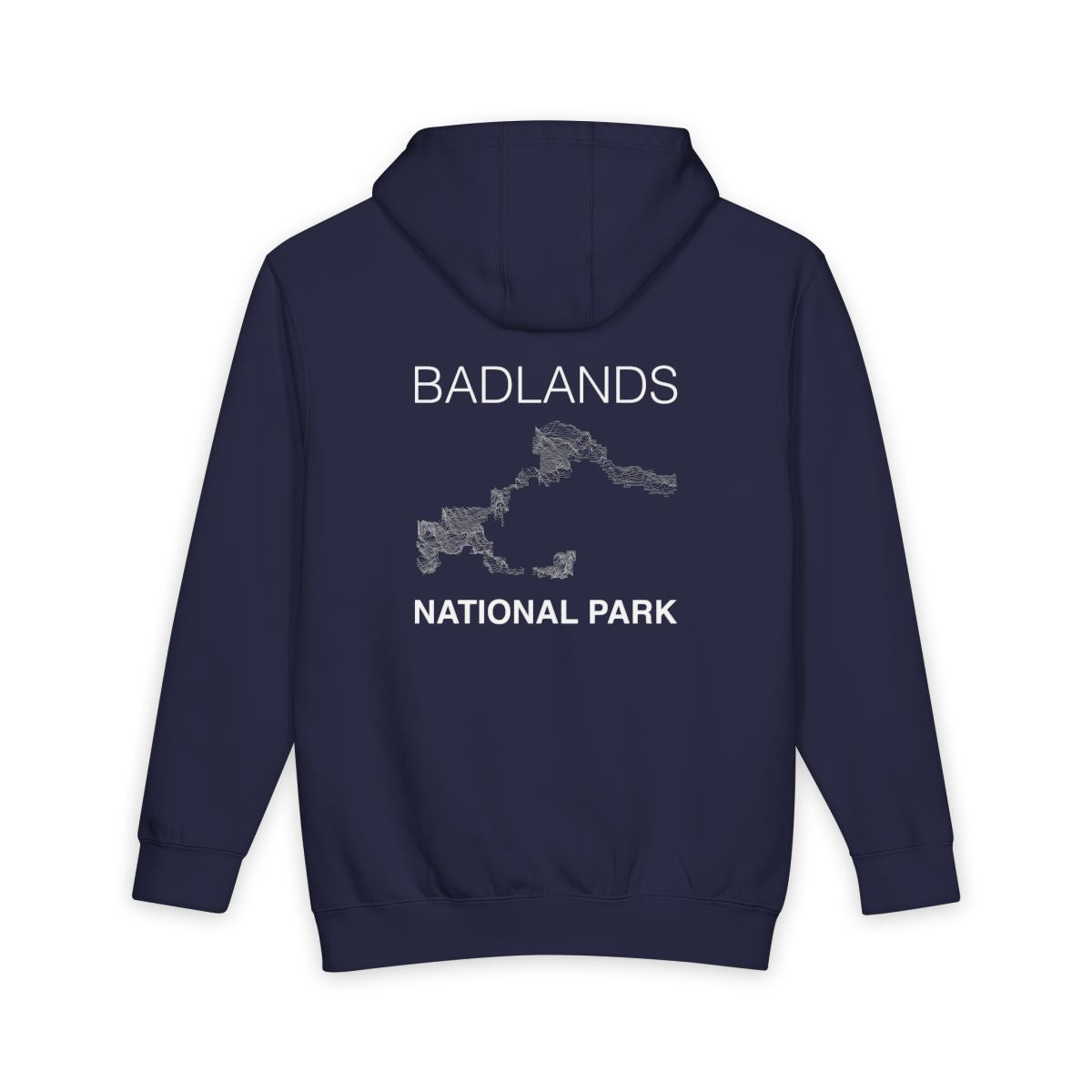 Navy Blue Badlands National Park hoodie, back view with topographic line design