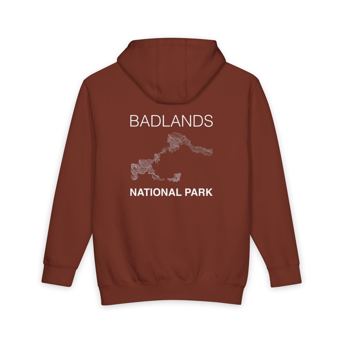 Paprika Badlands National Park hoodie, back view with topographic line design