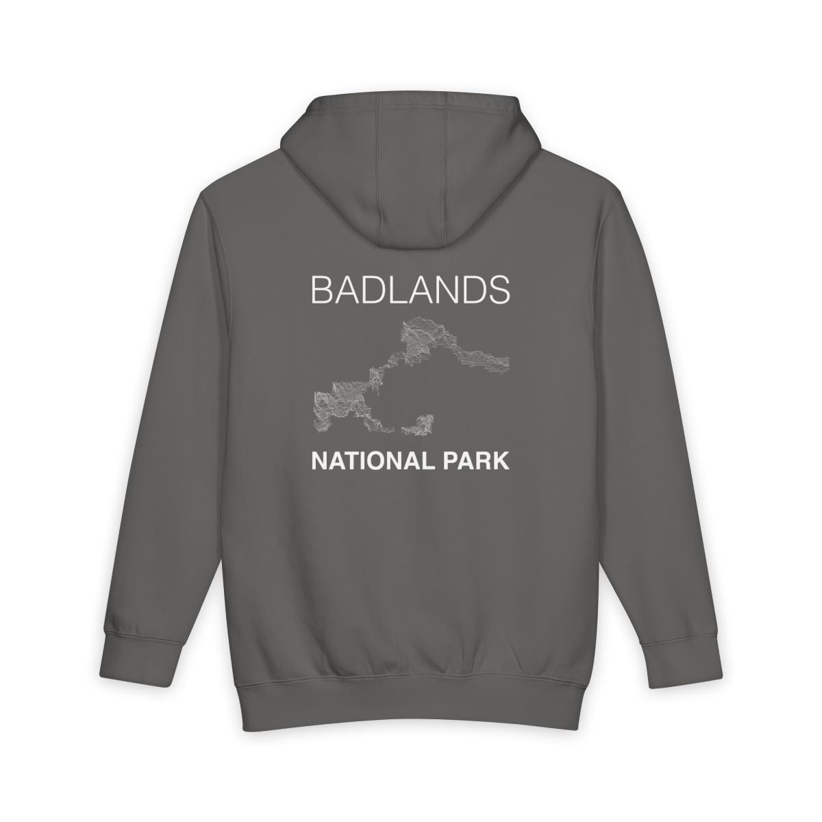 Storm Badlands National Park hoodie, back view with topographic line design