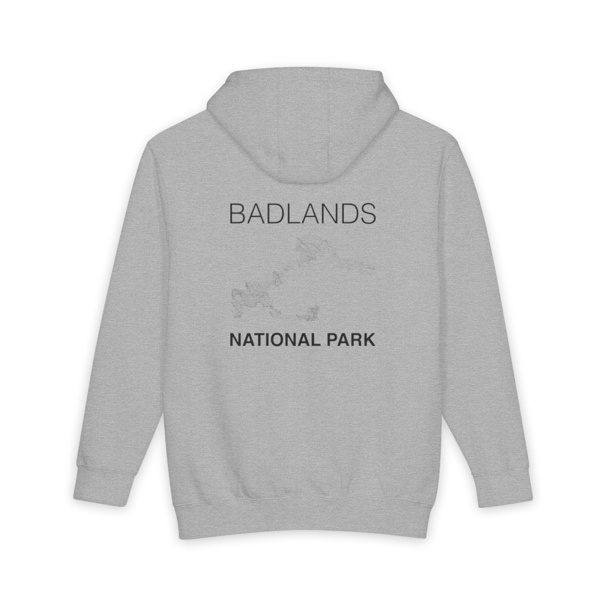 Heather Grey Badlands National Park hoodie, back view with topographic line design