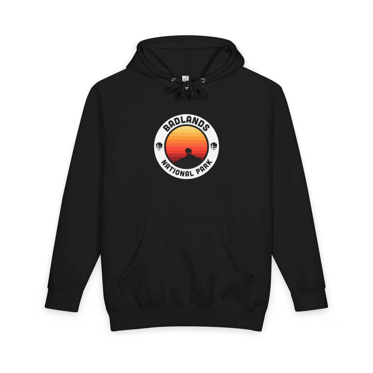 Black Badlands National Park hoodie, front view with round emblem design