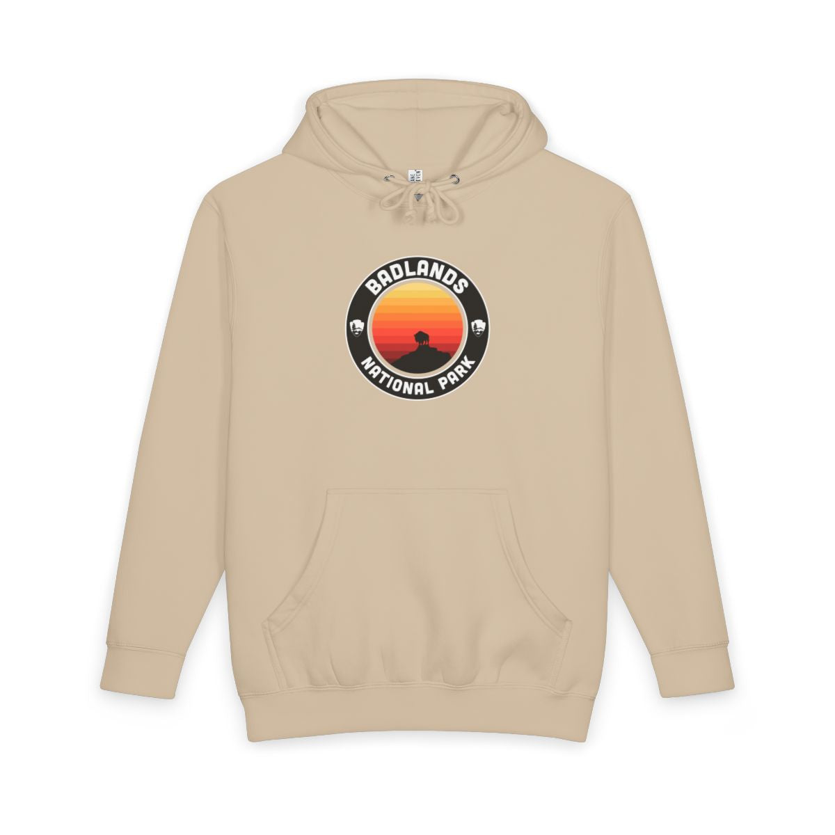 Mushroom Badlands National Park hoodie, front view with round emblem design