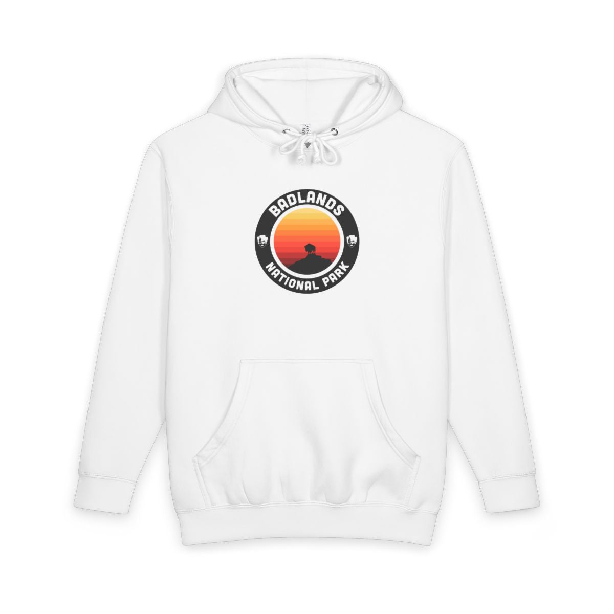 White Badlands National Park hoodie, front view with round emblem design
