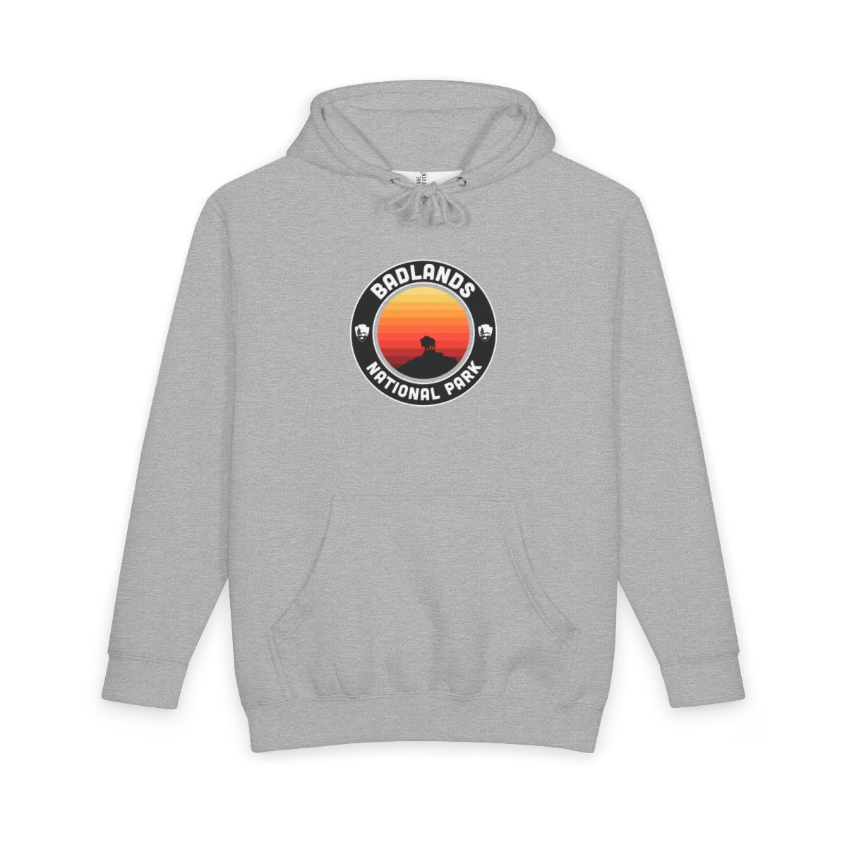 Heather Grey Badlands National Park hoodie, front view with round emblem design