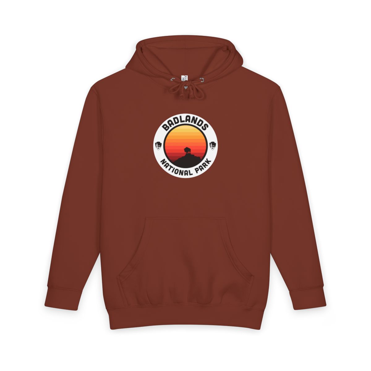 Paprika Badlands National Park hoodie, front view with round emblem design