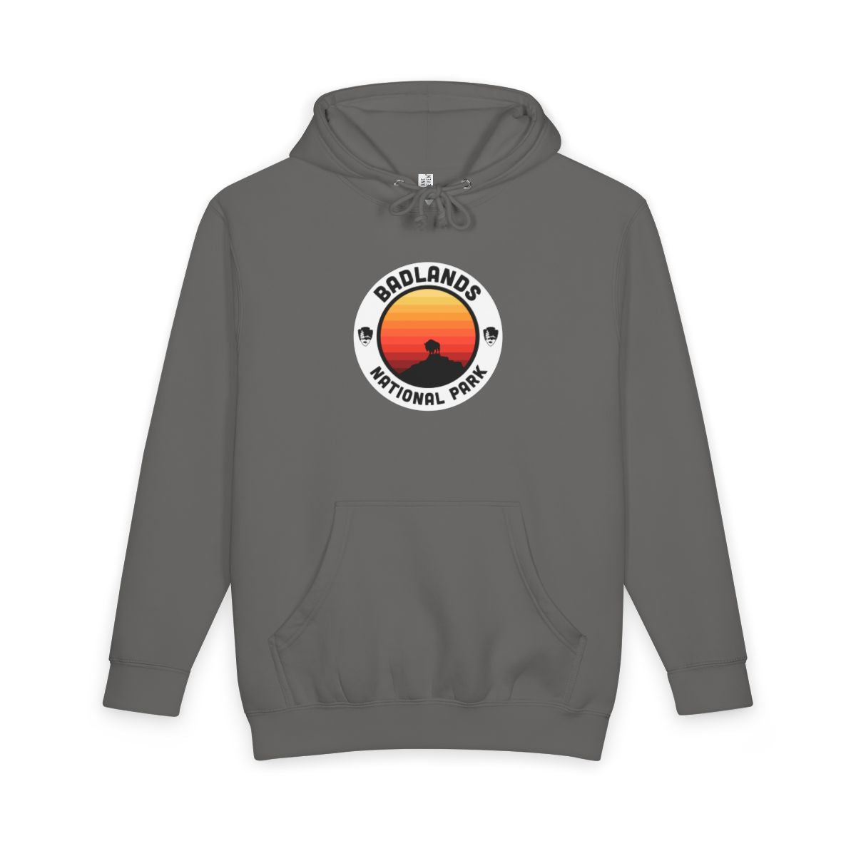 Storm Badlands National Park hoodie, front view with round emblem design