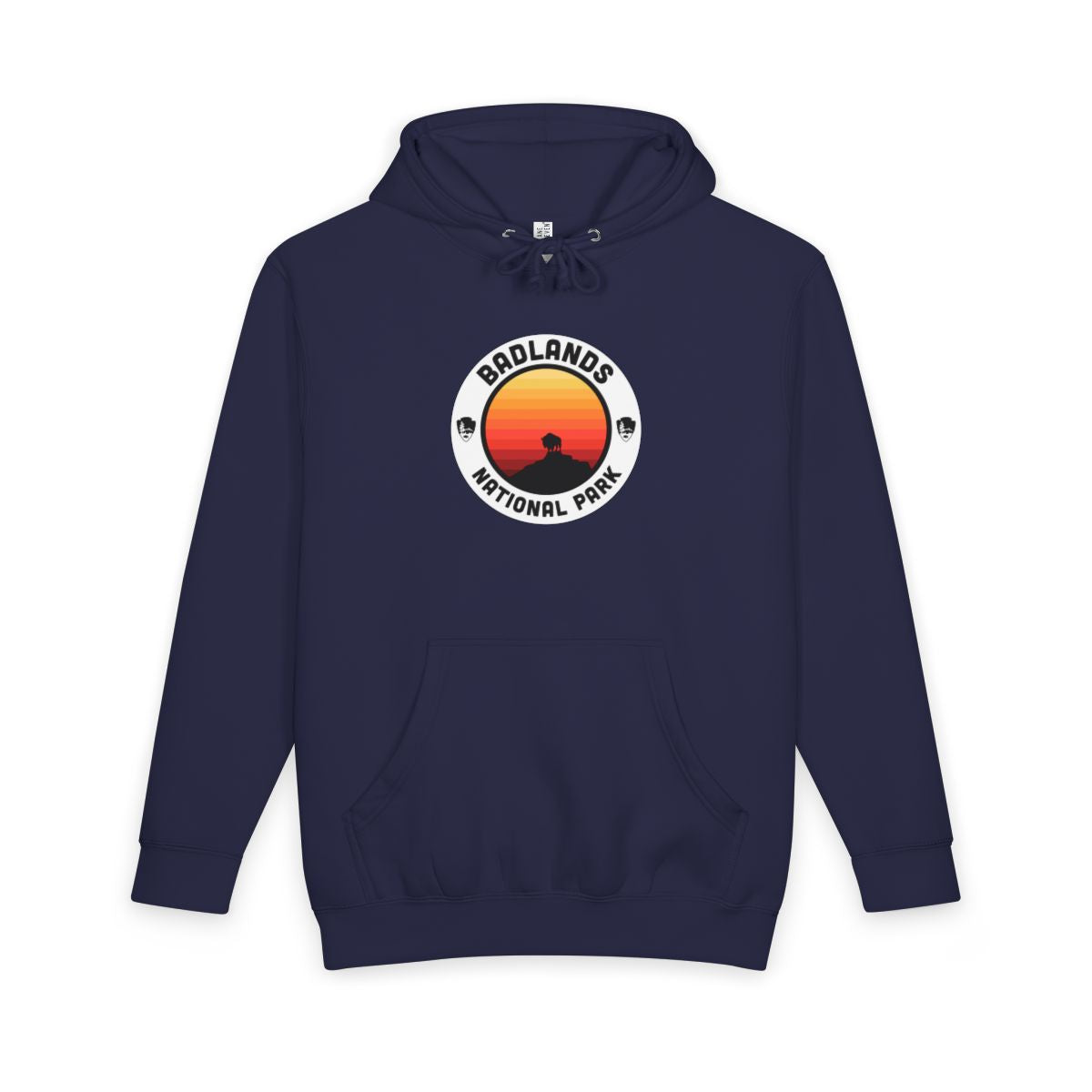 Navy Blue Badlands National Park hoodie, front view with round emblem design