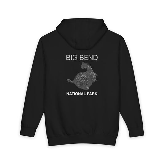 Black Big Bend National Park hoodie, back view with topographic line design