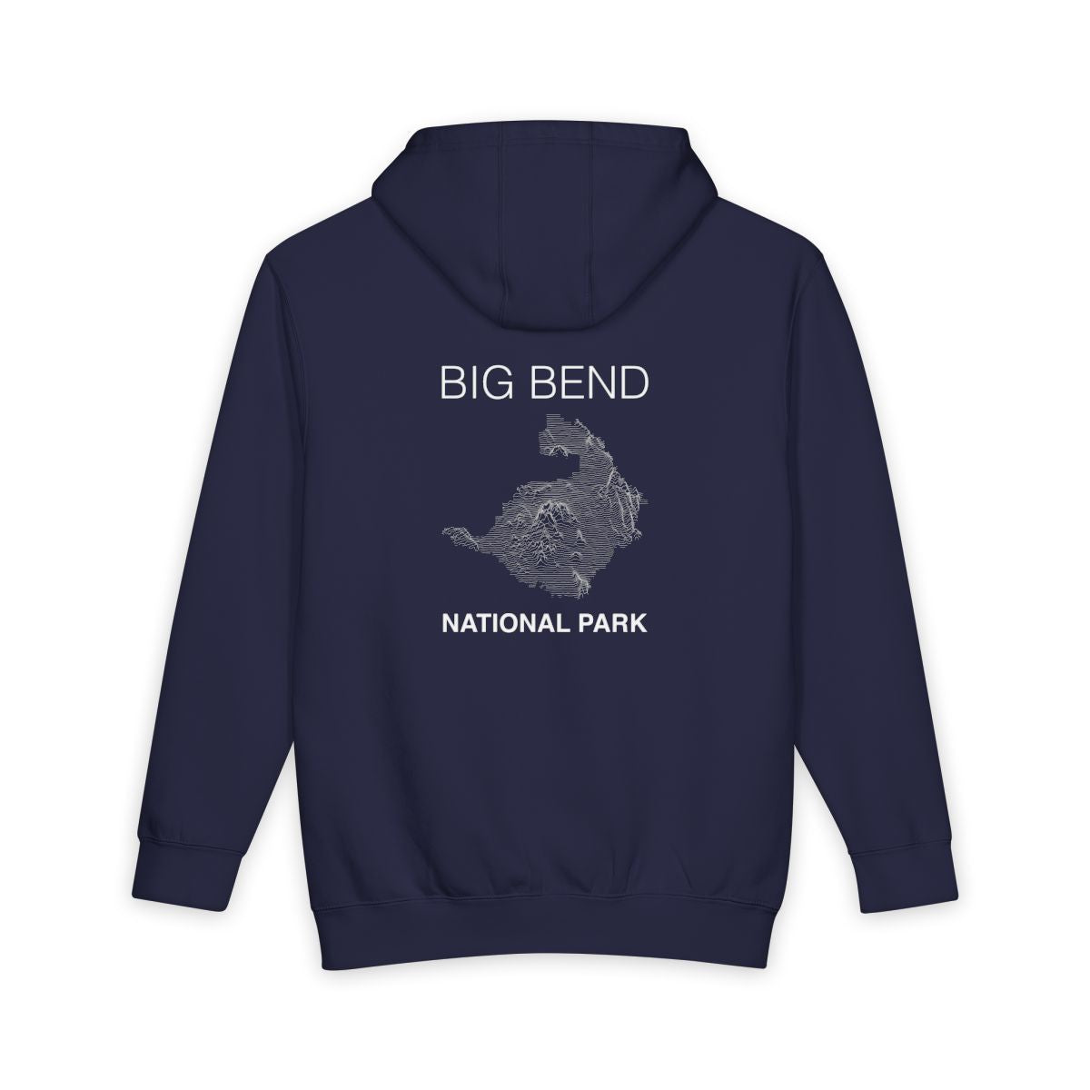 Navy Blue Big Bend National Park hoodie, back view with topographic line design