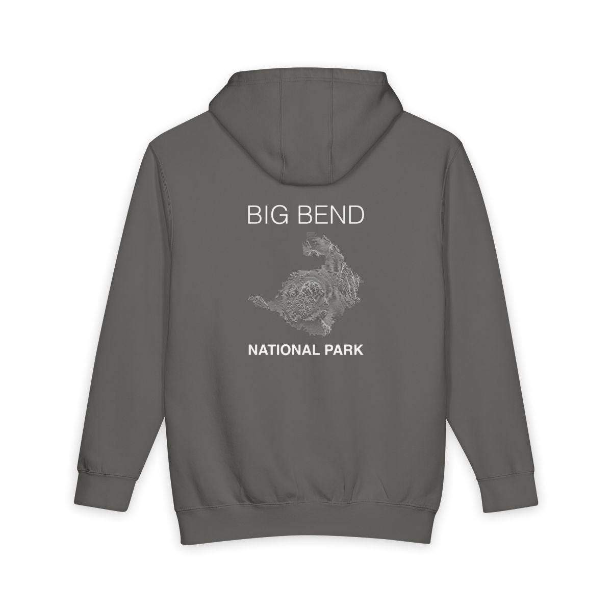Storm Big Bend National Park hoodie, back view with topographic line design