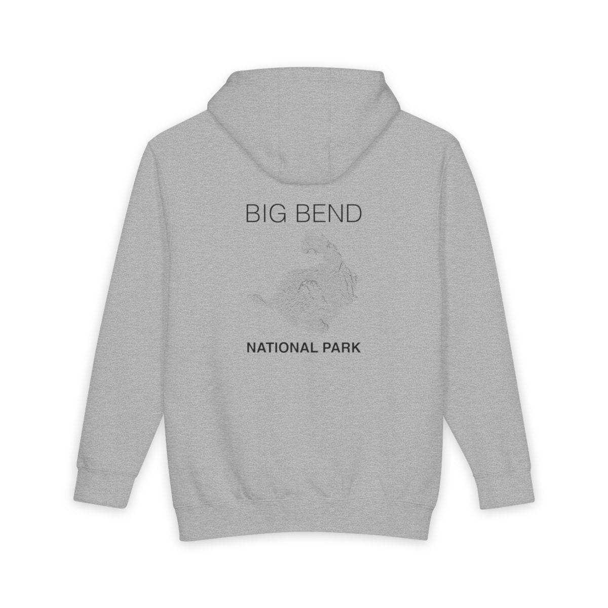 Heather Grey Big Bend National Park hoodie, back view with topographic line design
