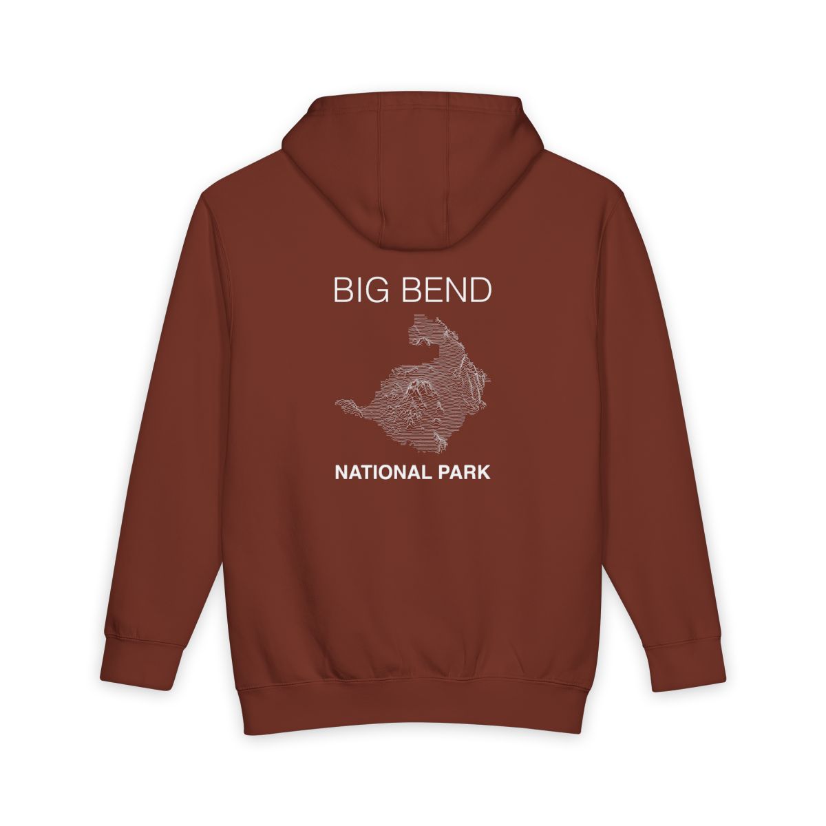 Paprika Big Bend National Park hoodie, back view with topographic line design