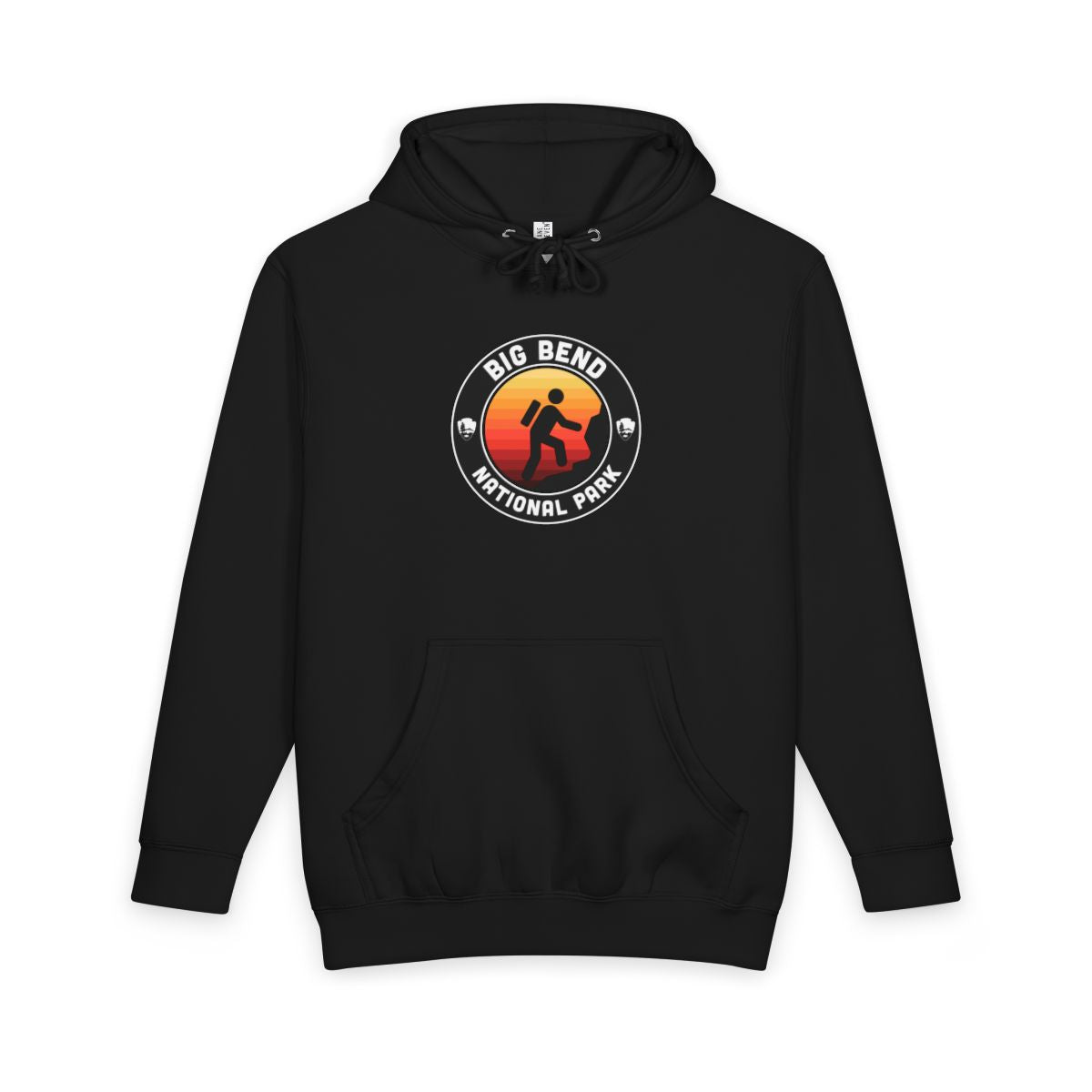 Black Big Bend National Park hoodie, front view with round emblem design
