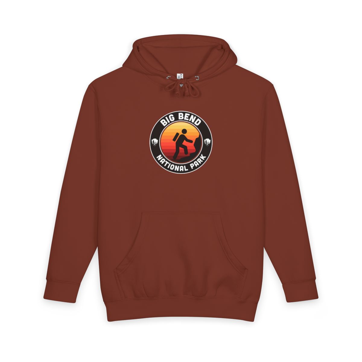 Paprika Big Bend National Park hoodie, front view with round emblem design