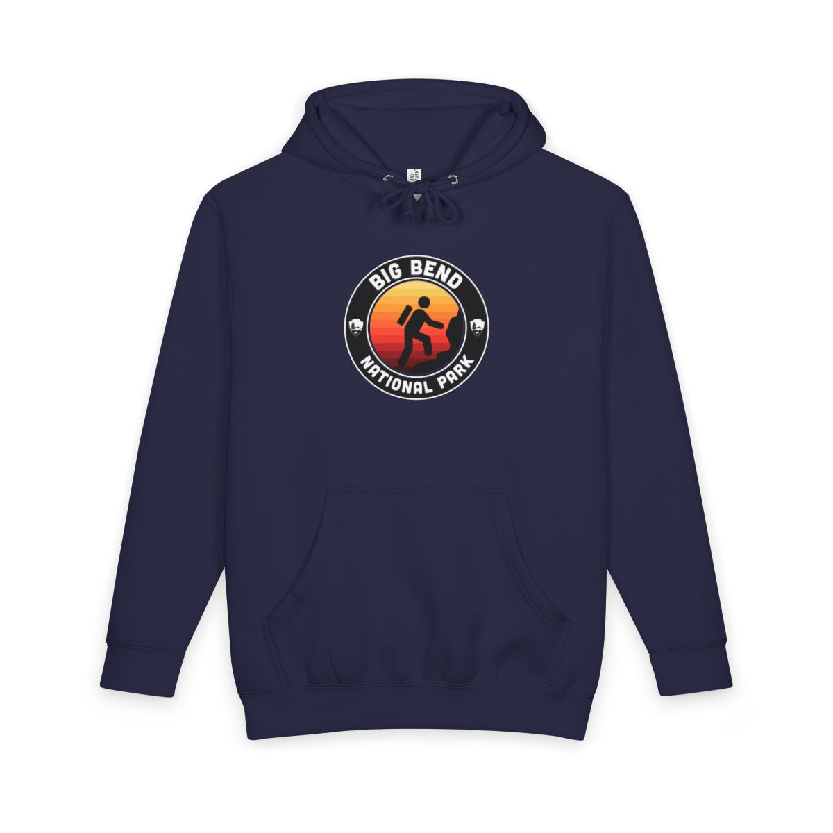 Navy Blue Big Bend National Park hoodie, front view with round emblem design