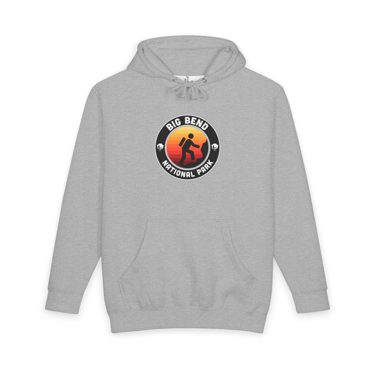 Heather Grey Big Bend National Park hoodie, front view with round emblem design