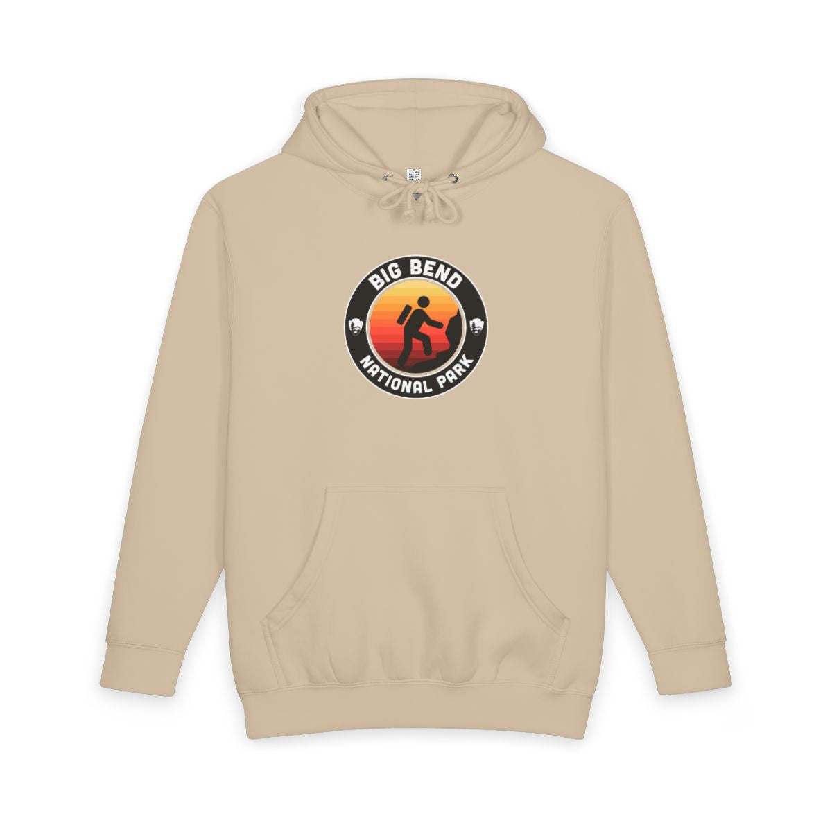 Mushroom Big Bend National Park hoodie, front view with round emblem design