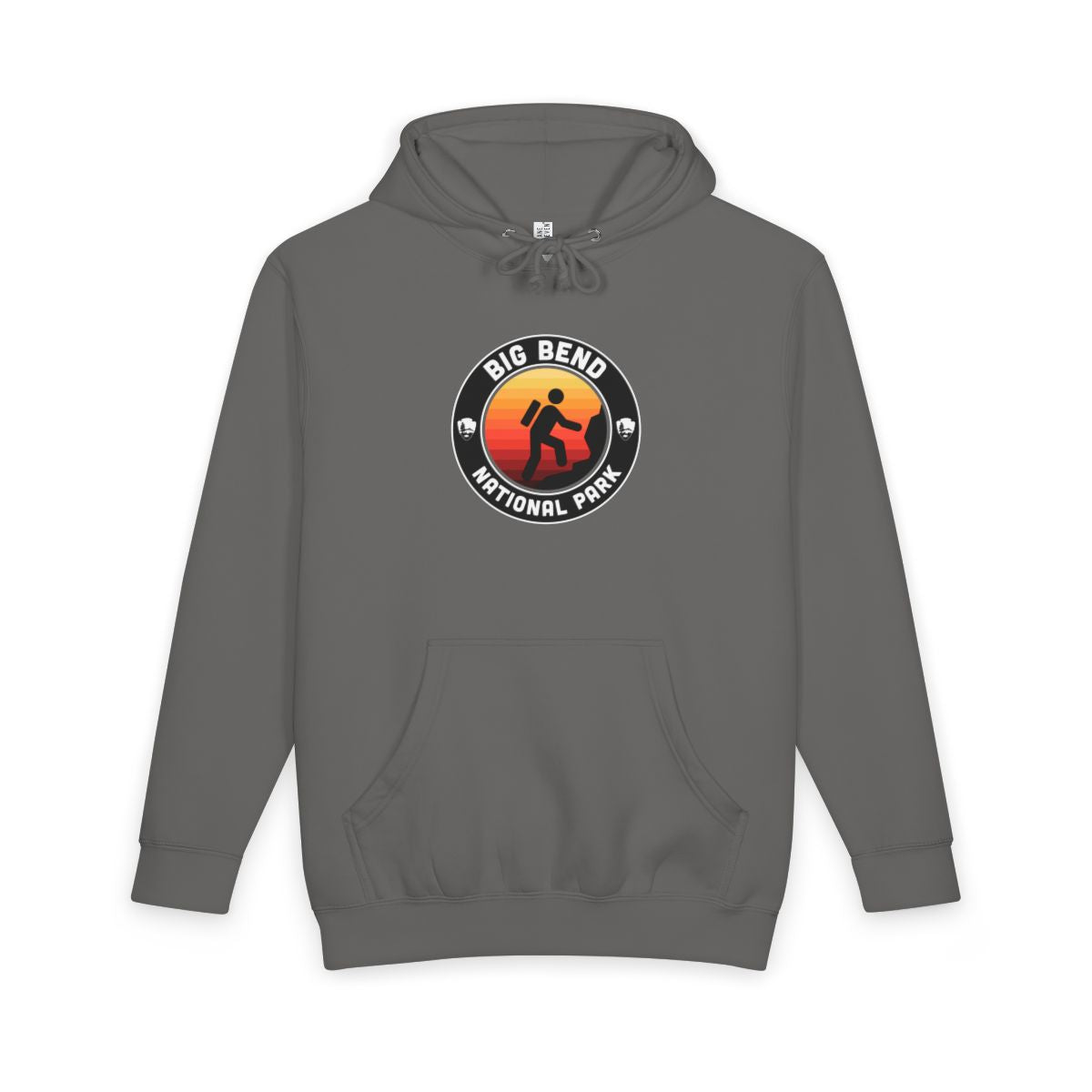 Storm Big Bend National Park hoodie, front view with round emblem design