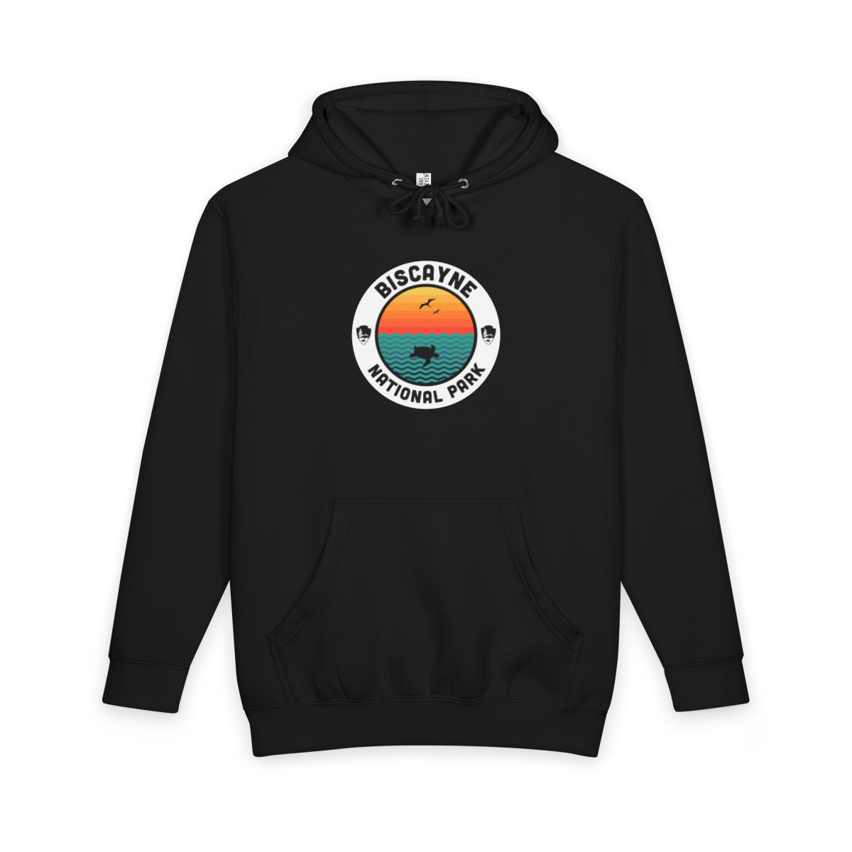 Black Biscayne National Park hoodie, front view with round emblem design