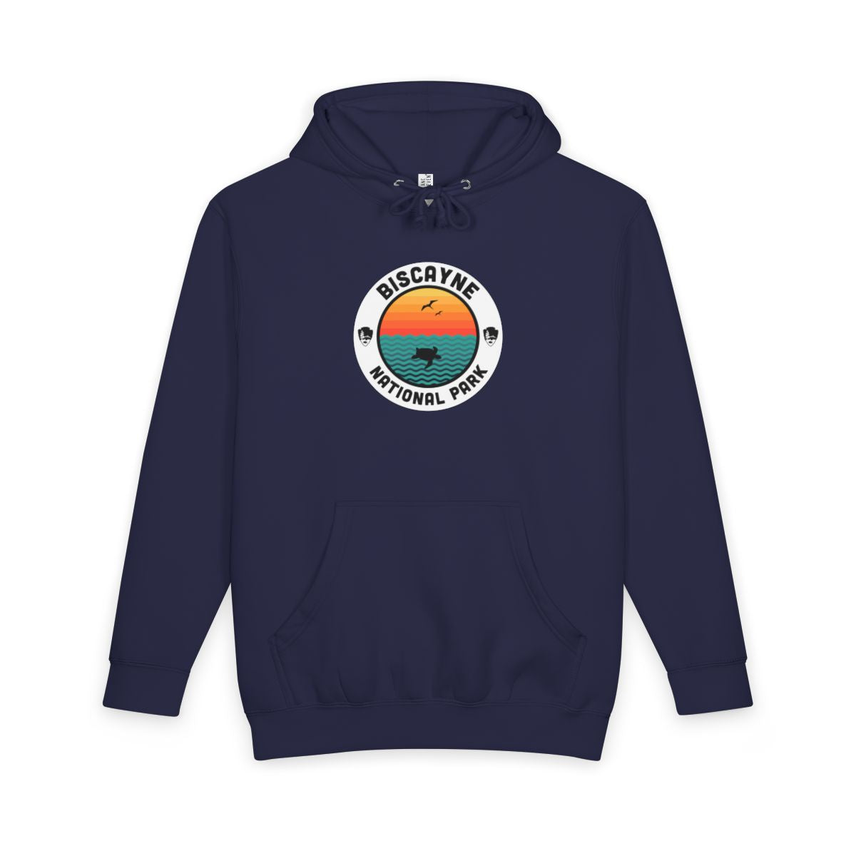 Navy Blue Biscayne National Park hoodie, front view with round emblem design