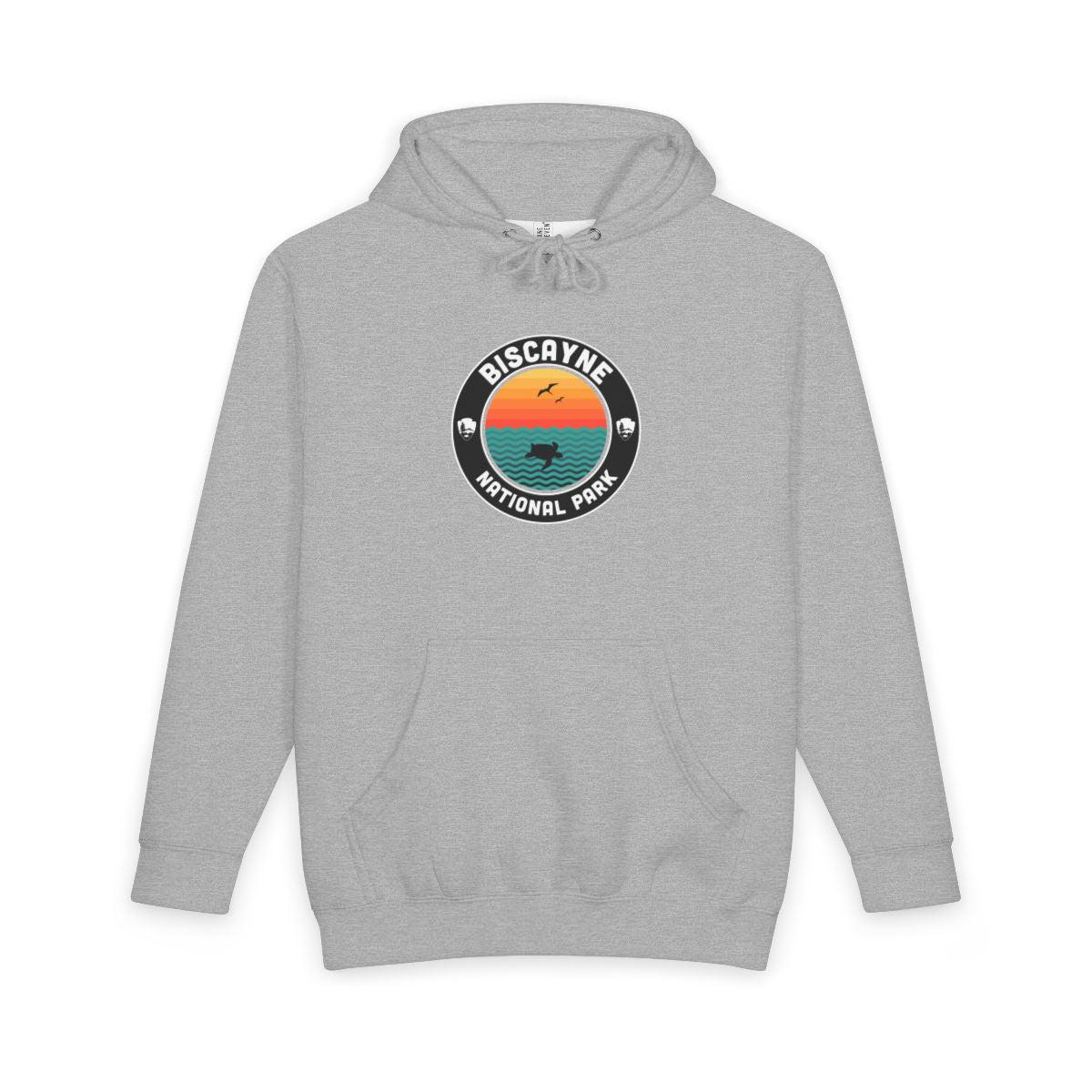 Heather Grey Biscayne National Park hoodie, front view with round emblem design