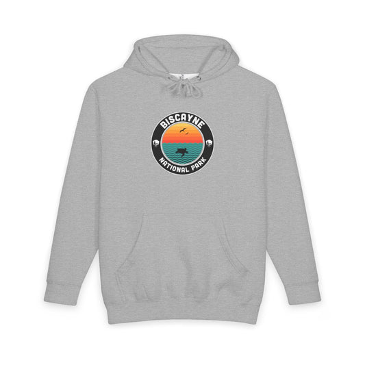 Heather Grey Biscayne National Park hoodie, front view with round emblem design