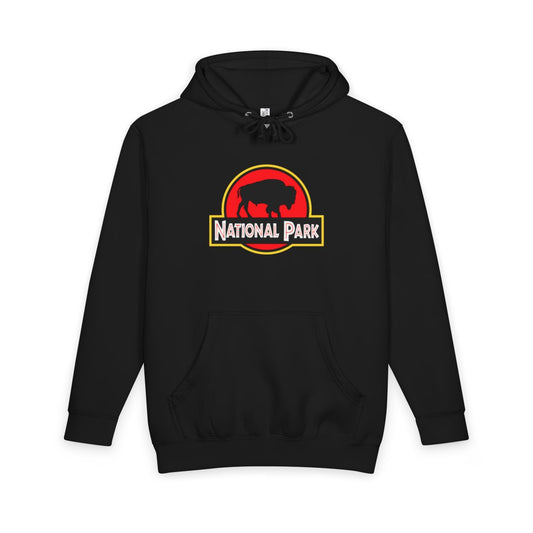 Black Bison National Park hoodie, front view with parody logo