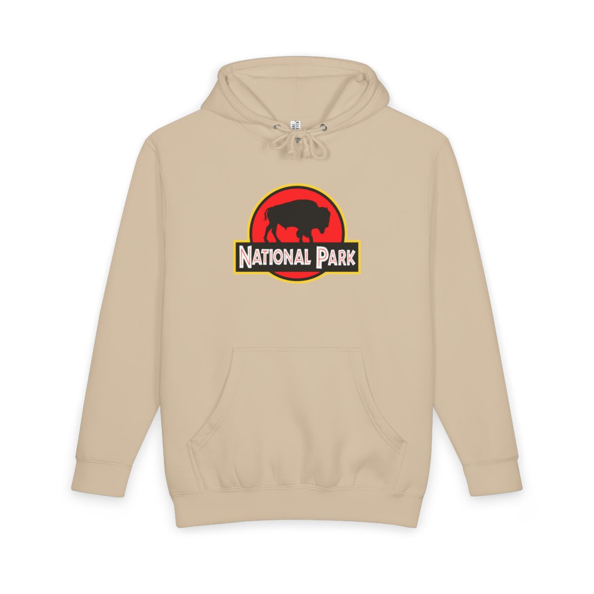 Mushroom Bison National Park hoodie, front view with parody logo
