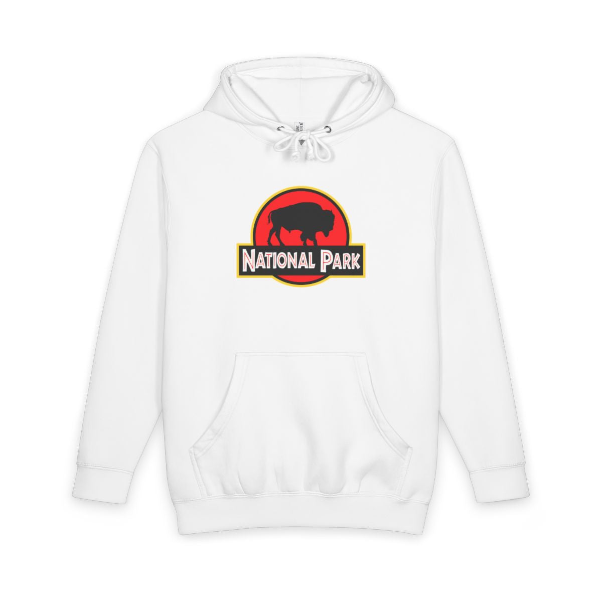 White Bison National Park hoodie, front view with parody logo