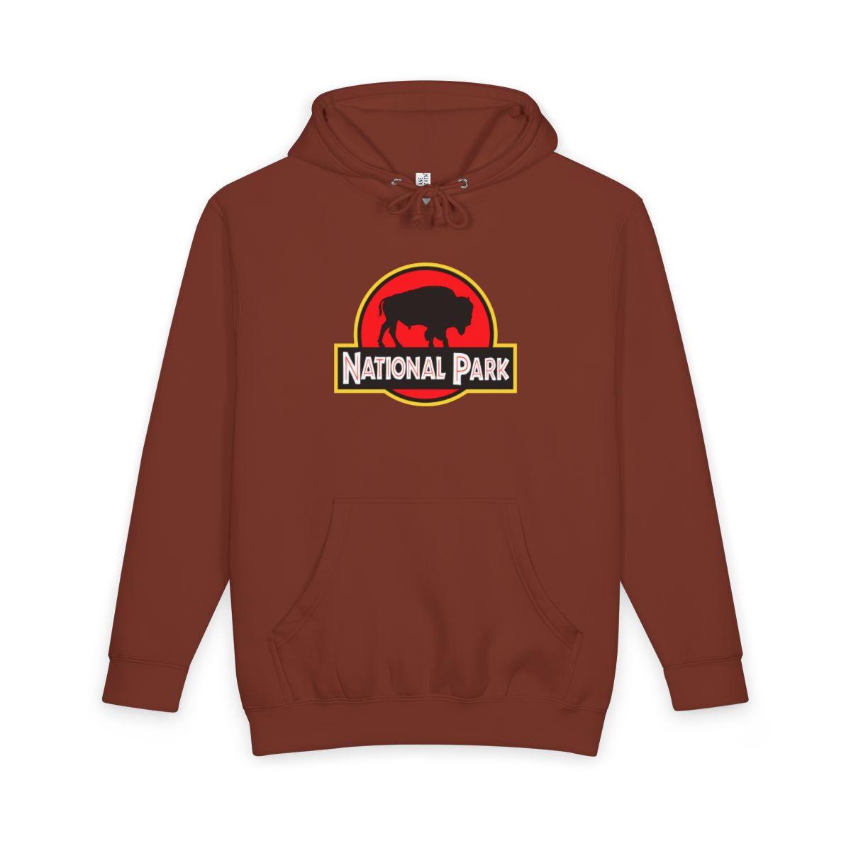 Paprika Bison National Park hoodie, front view with parody logo
