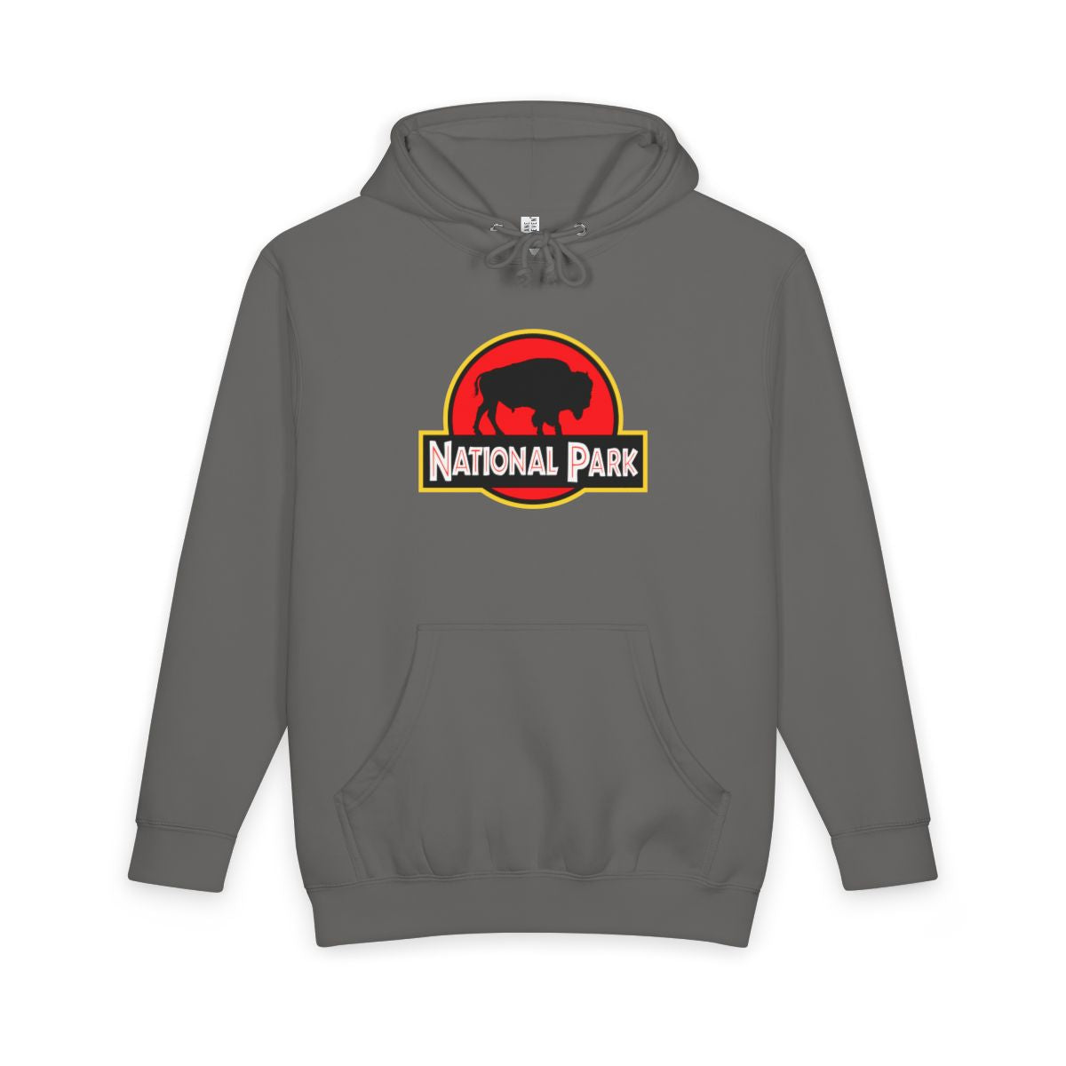 Storm Bison National Park hoodie, front view with parody logo