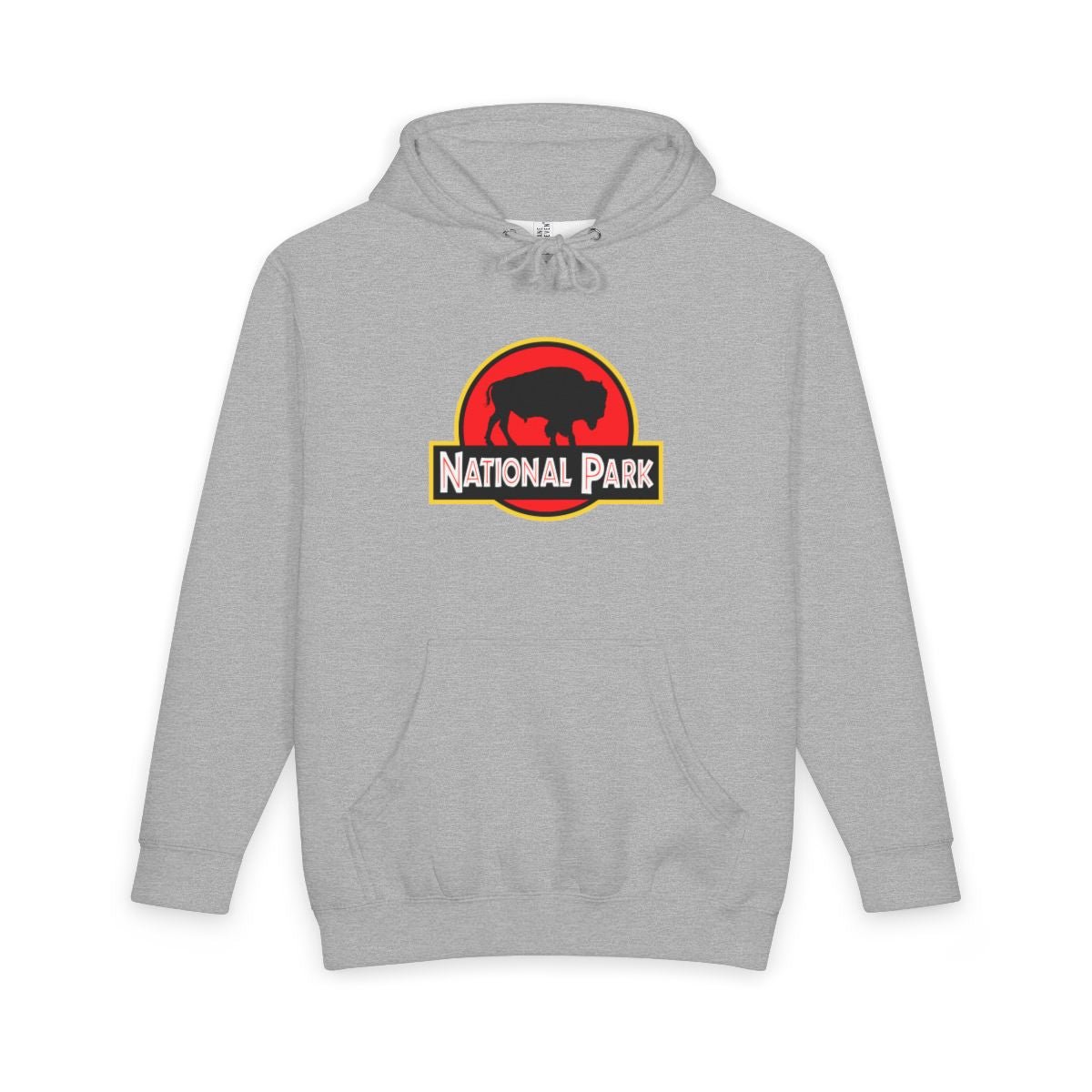 Heather Grey Bison National Park hoodie, front view with parody logo