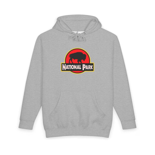 Heather Grey Bison National Park hoodie, front view with parody logo