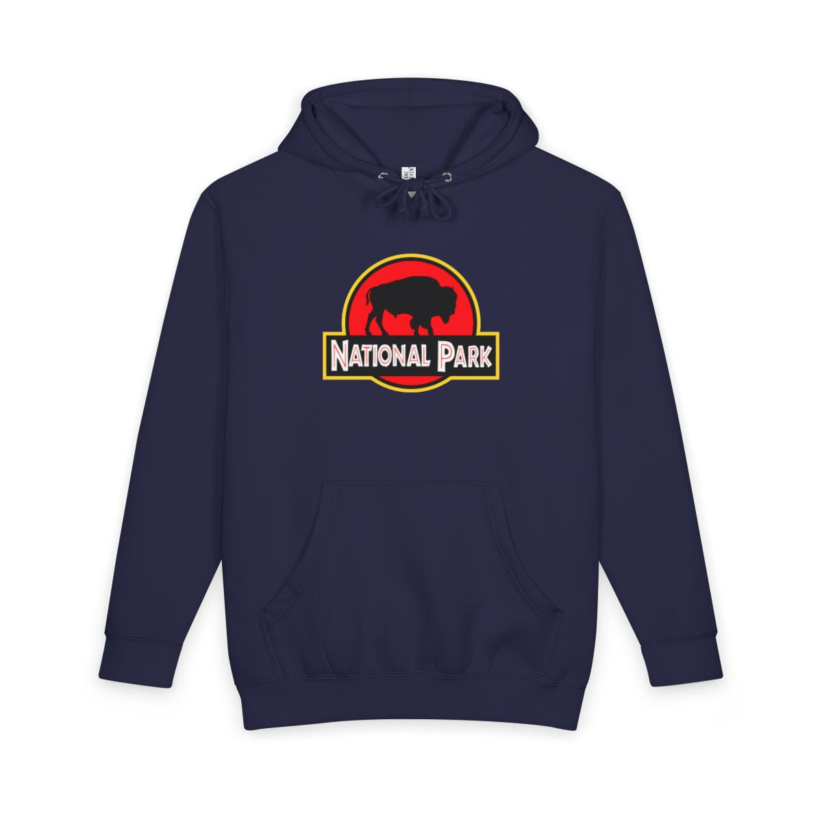 Navy Blue Bison National Park hoodie, front view with parody logo