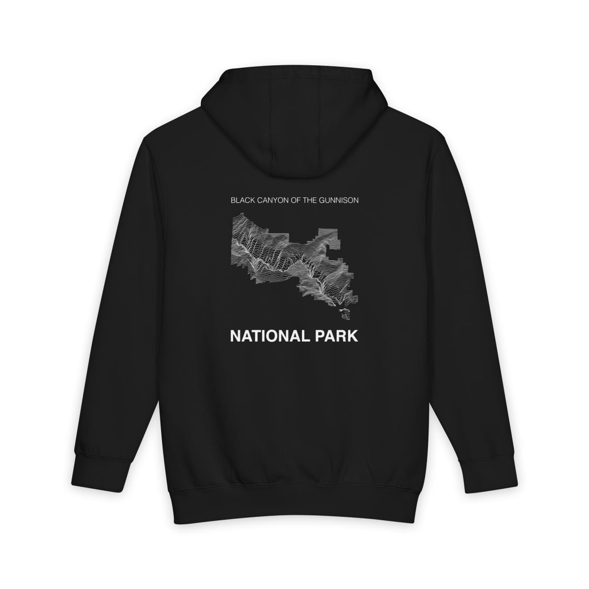 Black Black Canyon of the Gunnison National Park hoodie, back view with topographic line design