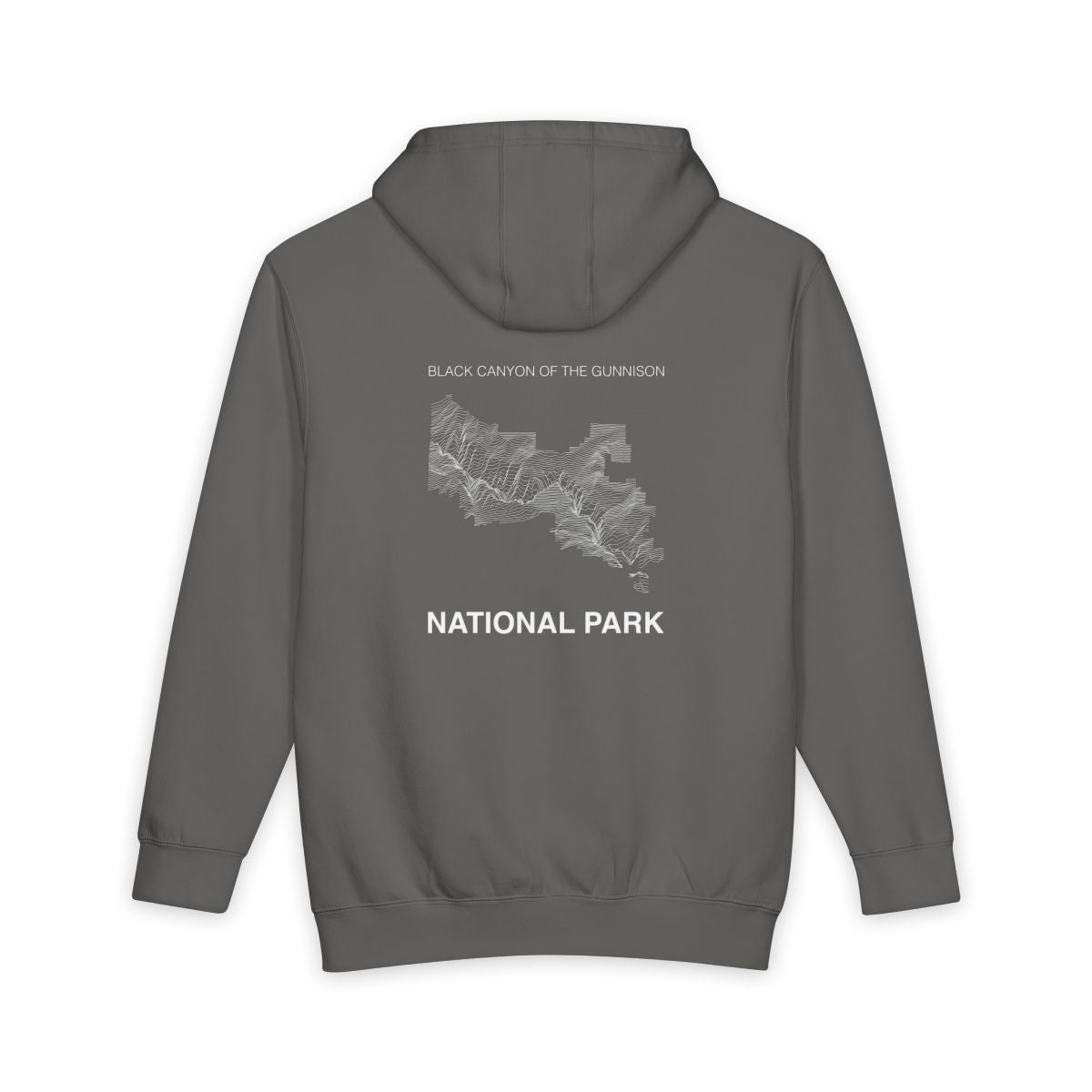 Storm Black Canyon of the Gunnison National Park hoodie, back view with topographic line design