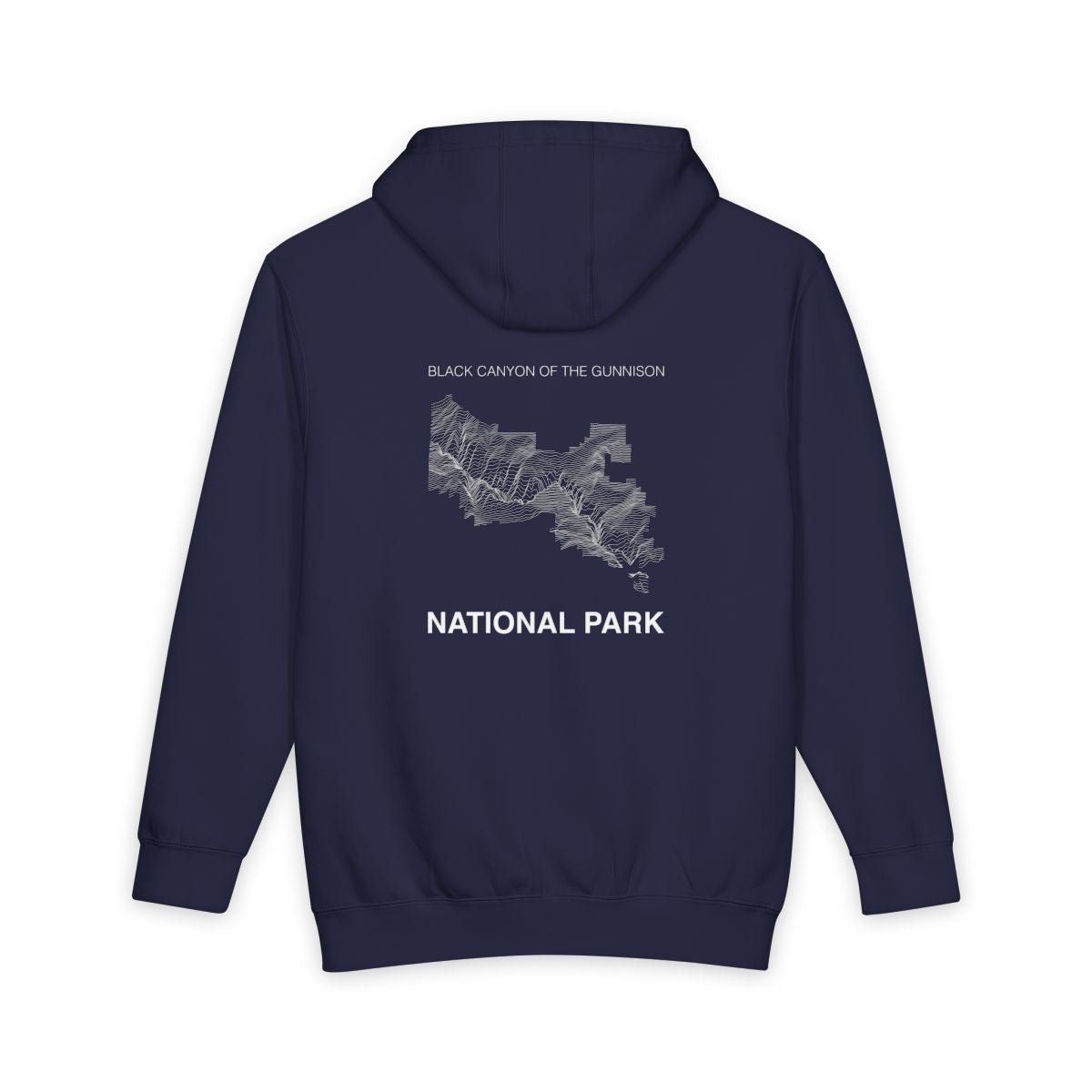 Navy Blue Black Canyon of the Gunnison National Park hoodie, back view with topographic line design