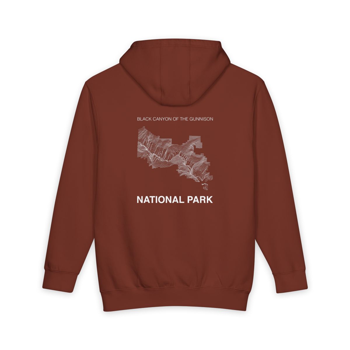 Paprika Black Canyon of the Gunnison National Park hoodie, back view with topographic line design